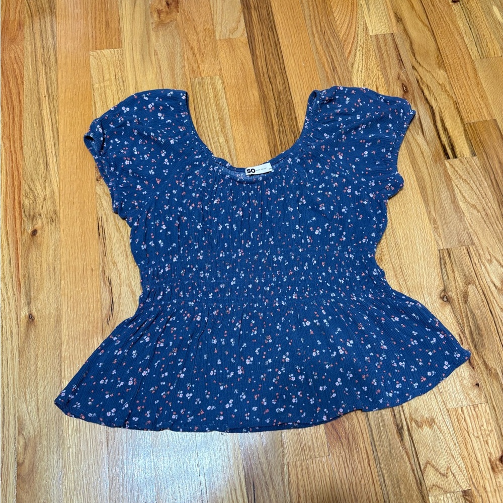 SO Navy Floral Smocked Peplum Top